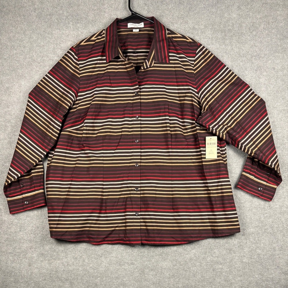 Coldwater Creek Sateen Stripe No Iron Button Down Shirt 3X‎ 24 Brown Multicolor